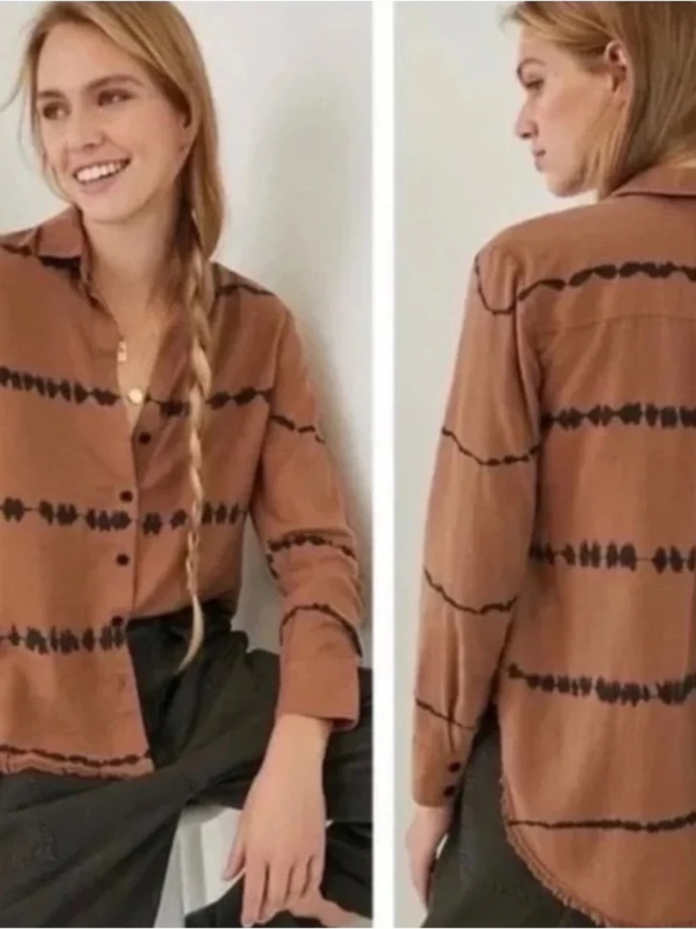 Anthropologie Brown Button-Down Shirt with Black Tie-Dye Stripes